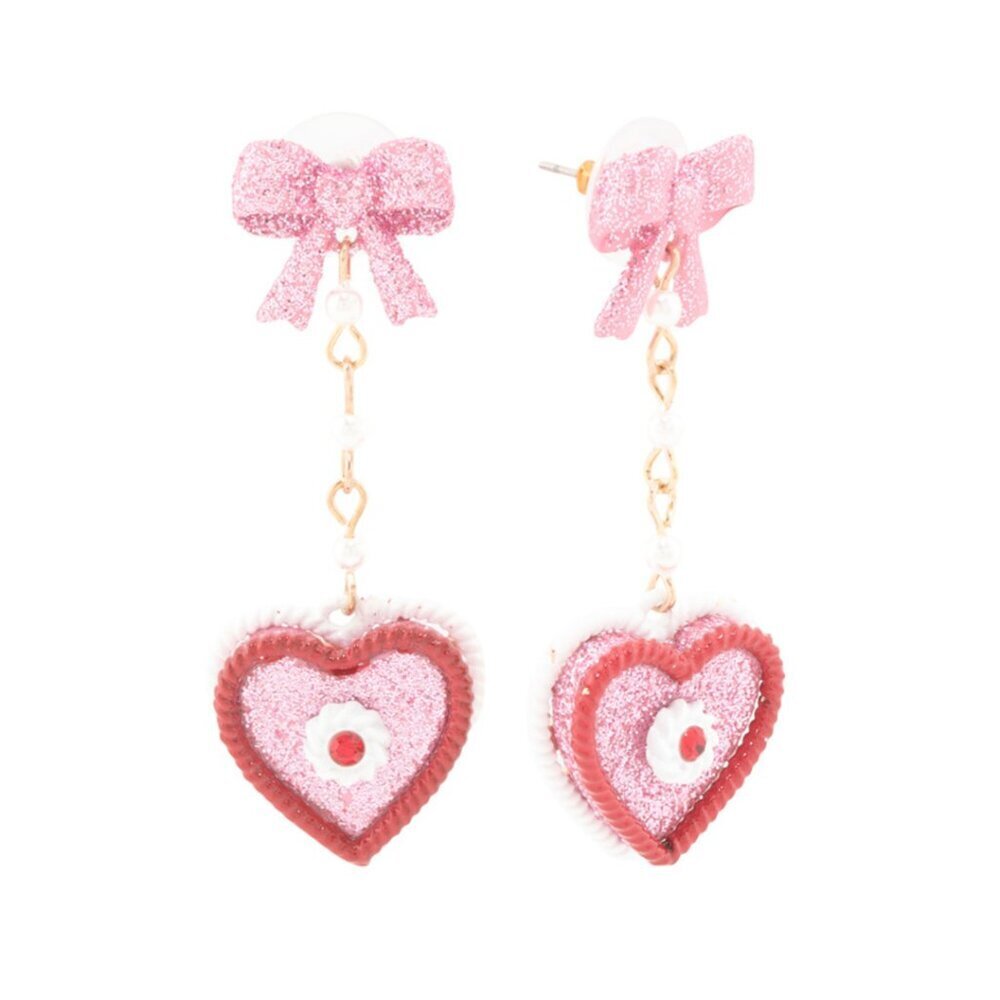 NWT BETSEY JOHNSON Valentine's Baby Cakes Pink Bow & Heart Glitter Cake Earrings